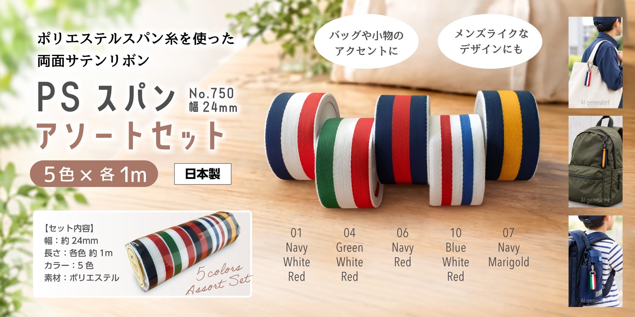 PSスパン ストライプリボン No.750、24mm幅のアソートセットが登場🎀